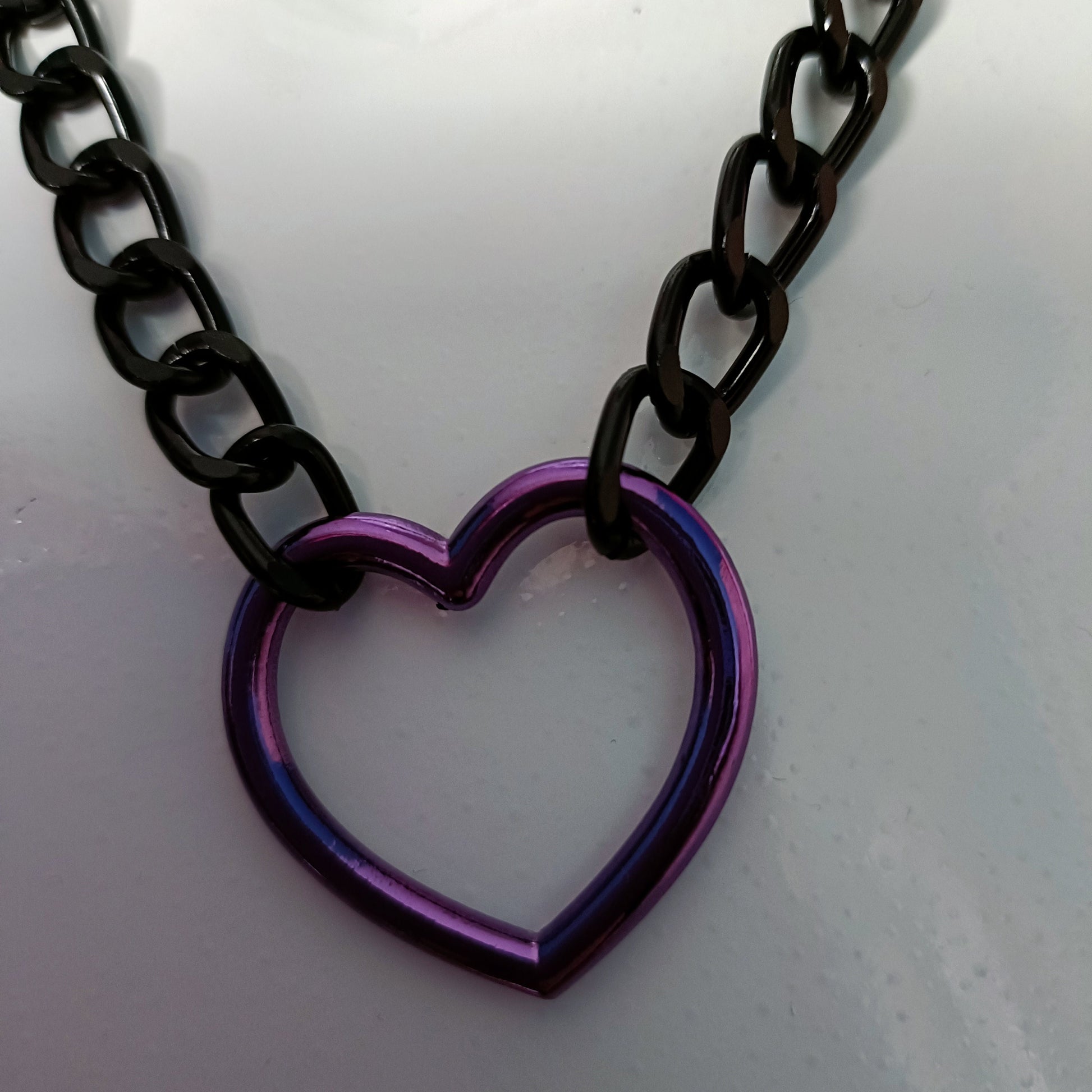 Heart Chain Choker - Choke Chain Version!! Purple Heart, Black Faux Leather