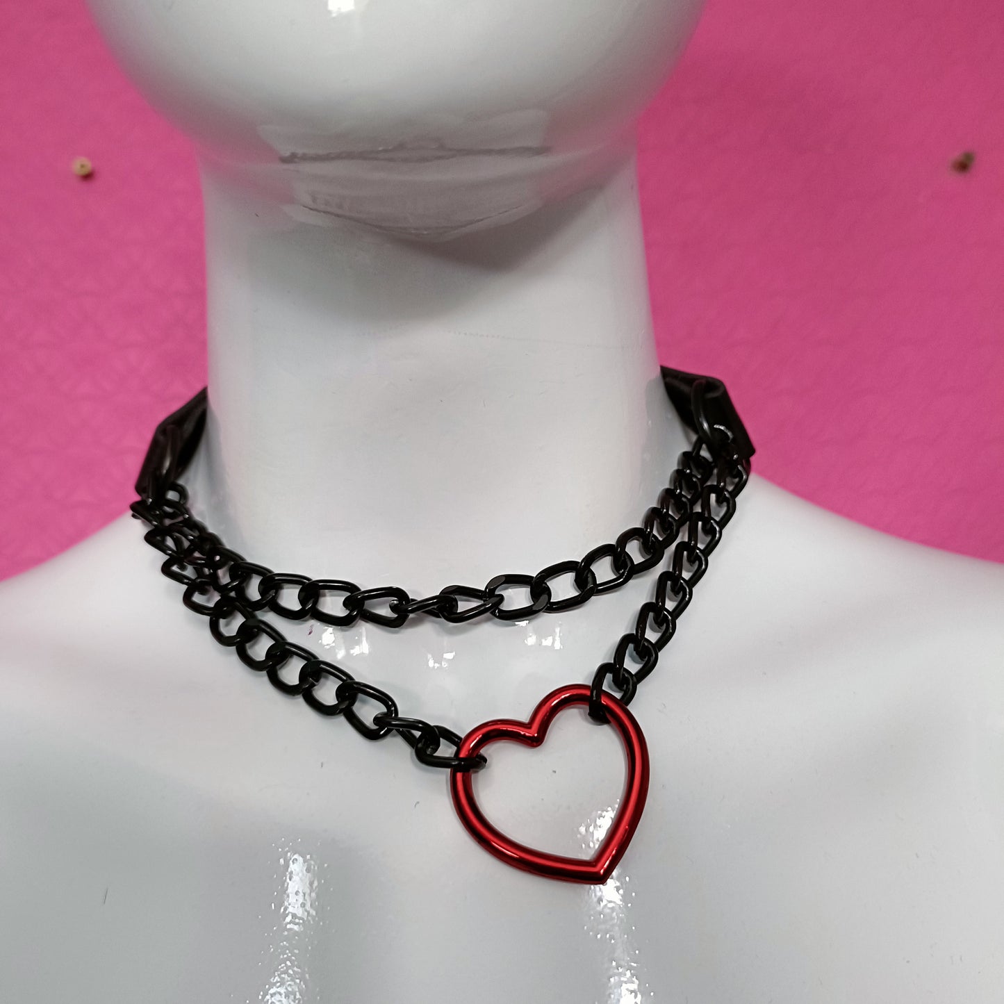 Heart Chain Choker - Choke Chain Version!! Red Heart, Black Faux Leather