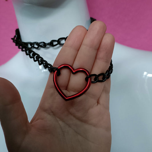Heart Chain Choker- Choke Chain Version!! Red Heart, Black Faux Leather