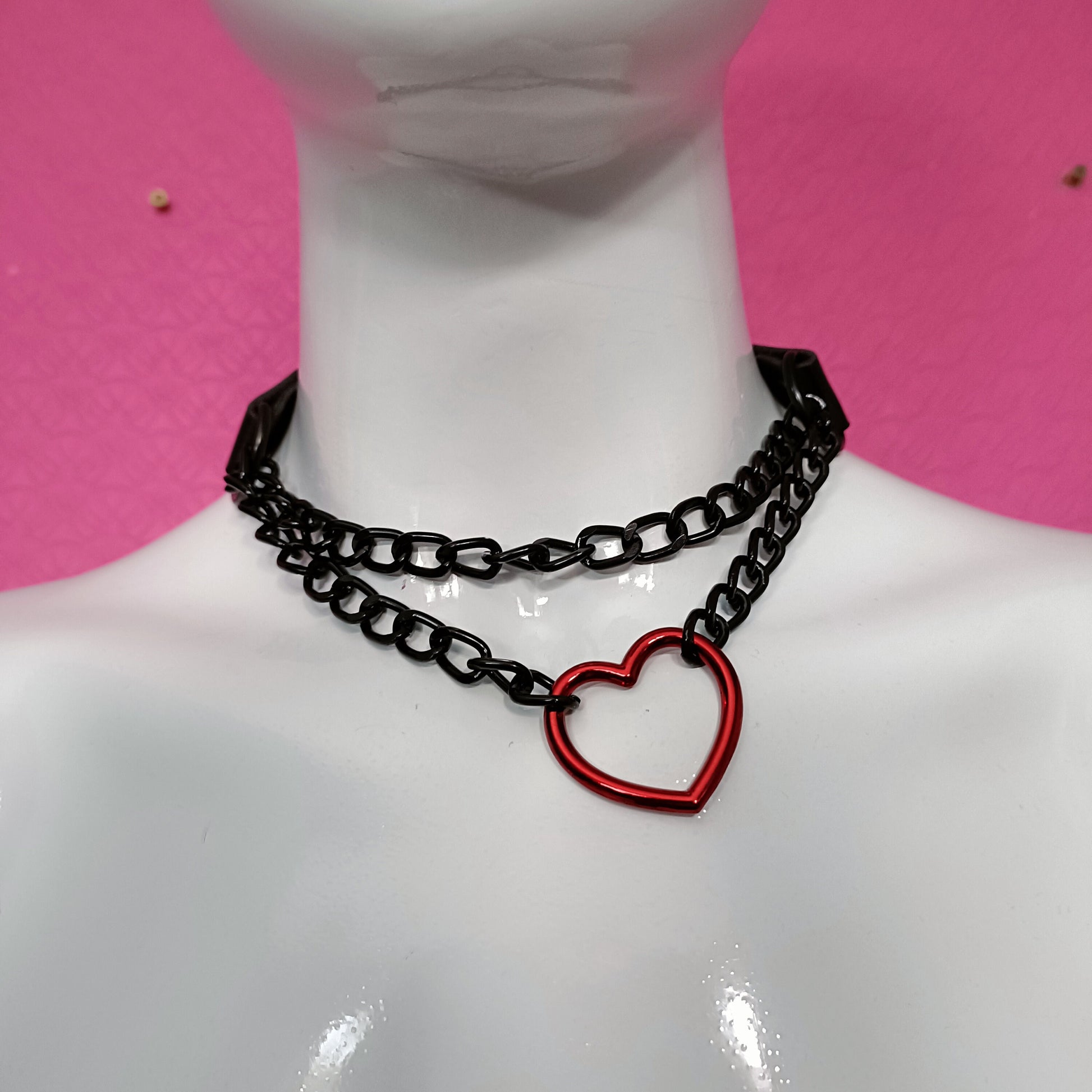 Heart Chain Choker - Choke Chain Version!! Red Heart, Black Faux Leather