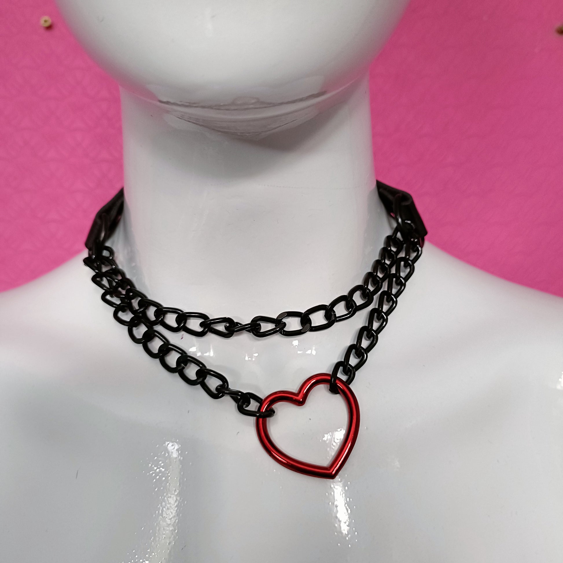 Heart Chain Choker - Choke Chain Version!! Red Heart, Black Faux Leather