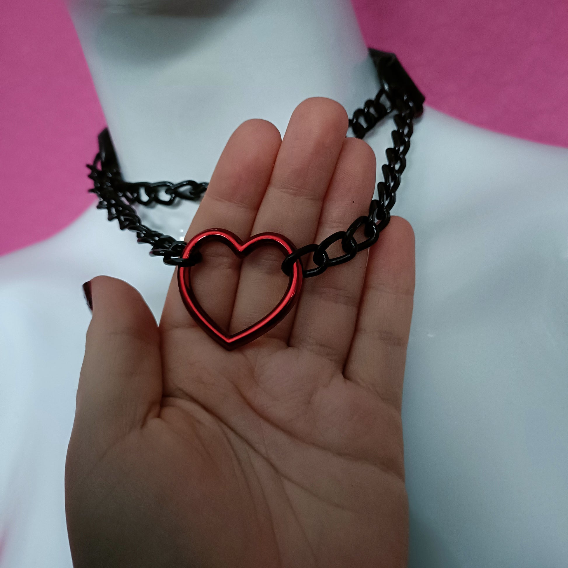 Heart Chain Choker - Choke Chain Version!! Red Heart, Black Faux Leather