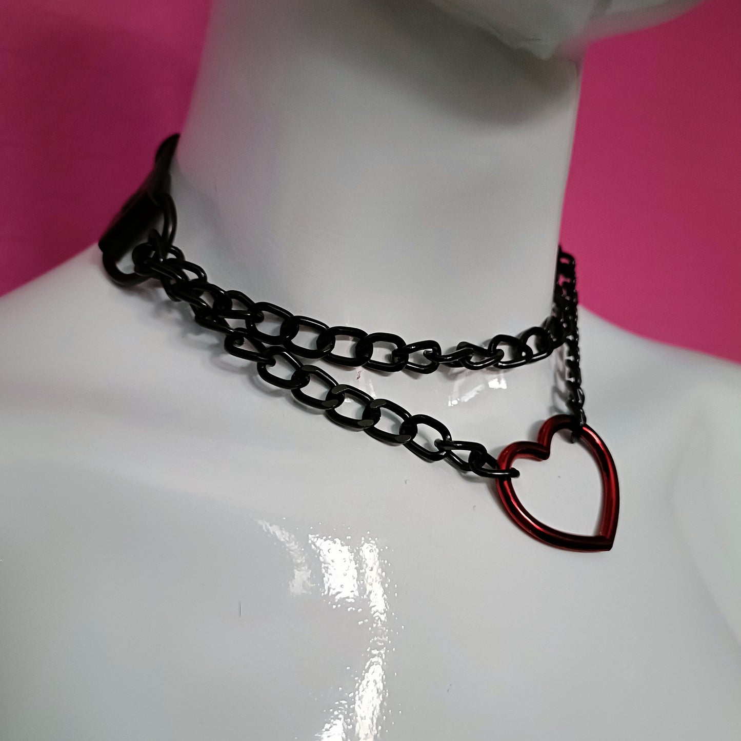 Heart Chain Choker - Choke Chain Version!! Red Heart, Black Faux Leather