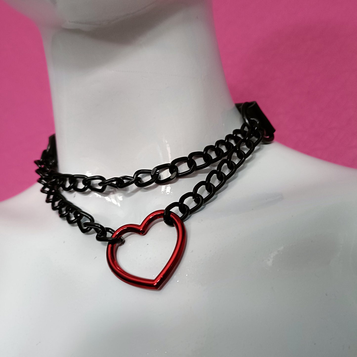 Heart Chain Choker - Choke Chain Version!! Red Heart, Black Faux Leather
