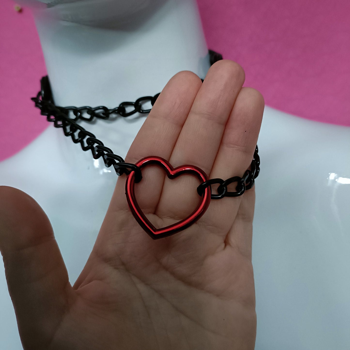 Heart Chain Choker - Choke Chain Version!! Red Heart, Black Faux Leather