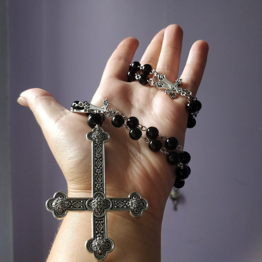 Inverted crucifix rosary- large cross charm and beads with small crucifixes joining the beads