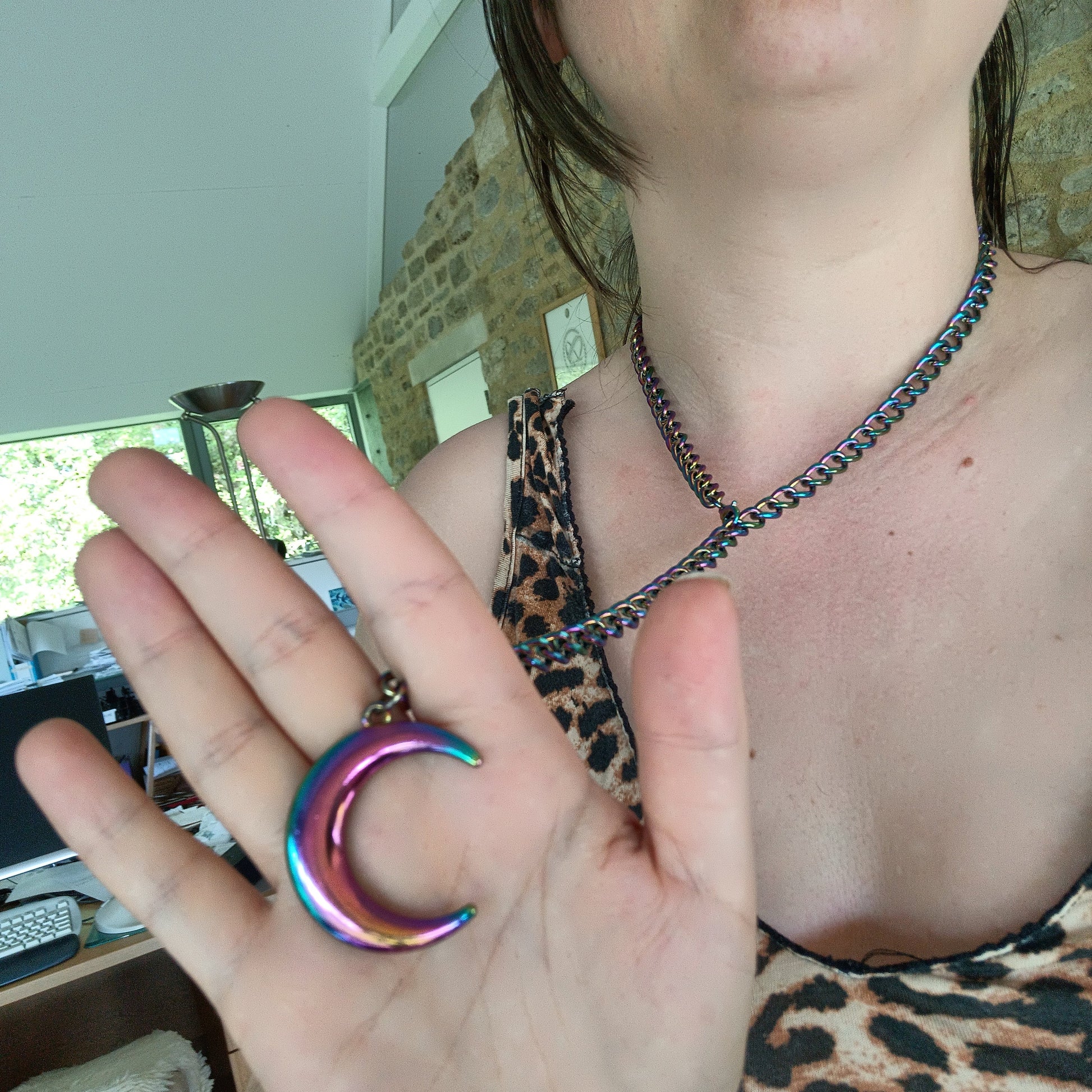 Iridescent Rainbow Oil Spill Moon Choker - Adjustable
