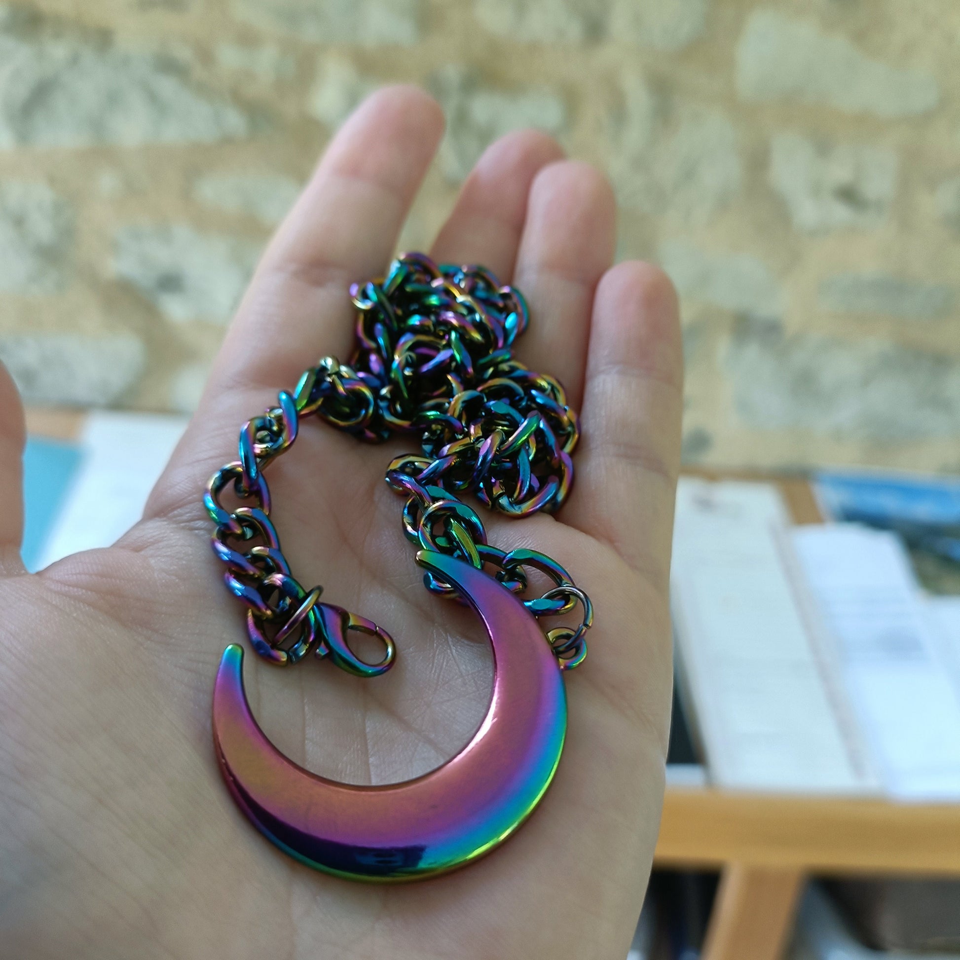 Iridescent Rainbow Oil Spill Moon Choker - Adjustable