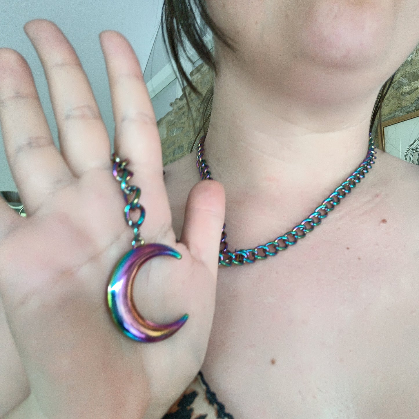 Iridescent Rainbow Oil Spill Moon Choker - Adjustable