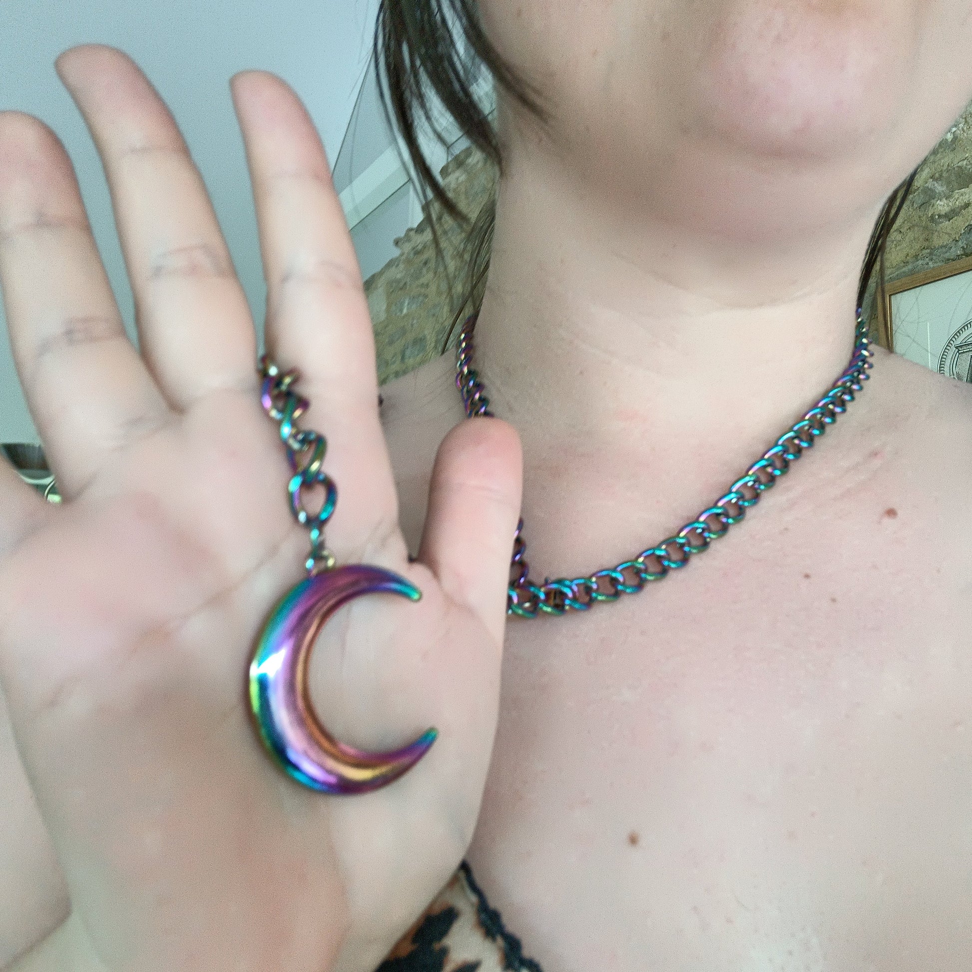 Iridescent Rainbow Oil Spill Moon Choker - Adjustable