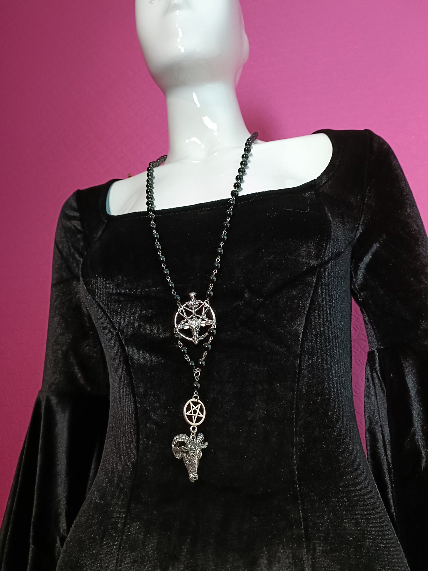 Baphomet rosary- beaded necklace, pentagram, long, gothic, iconic