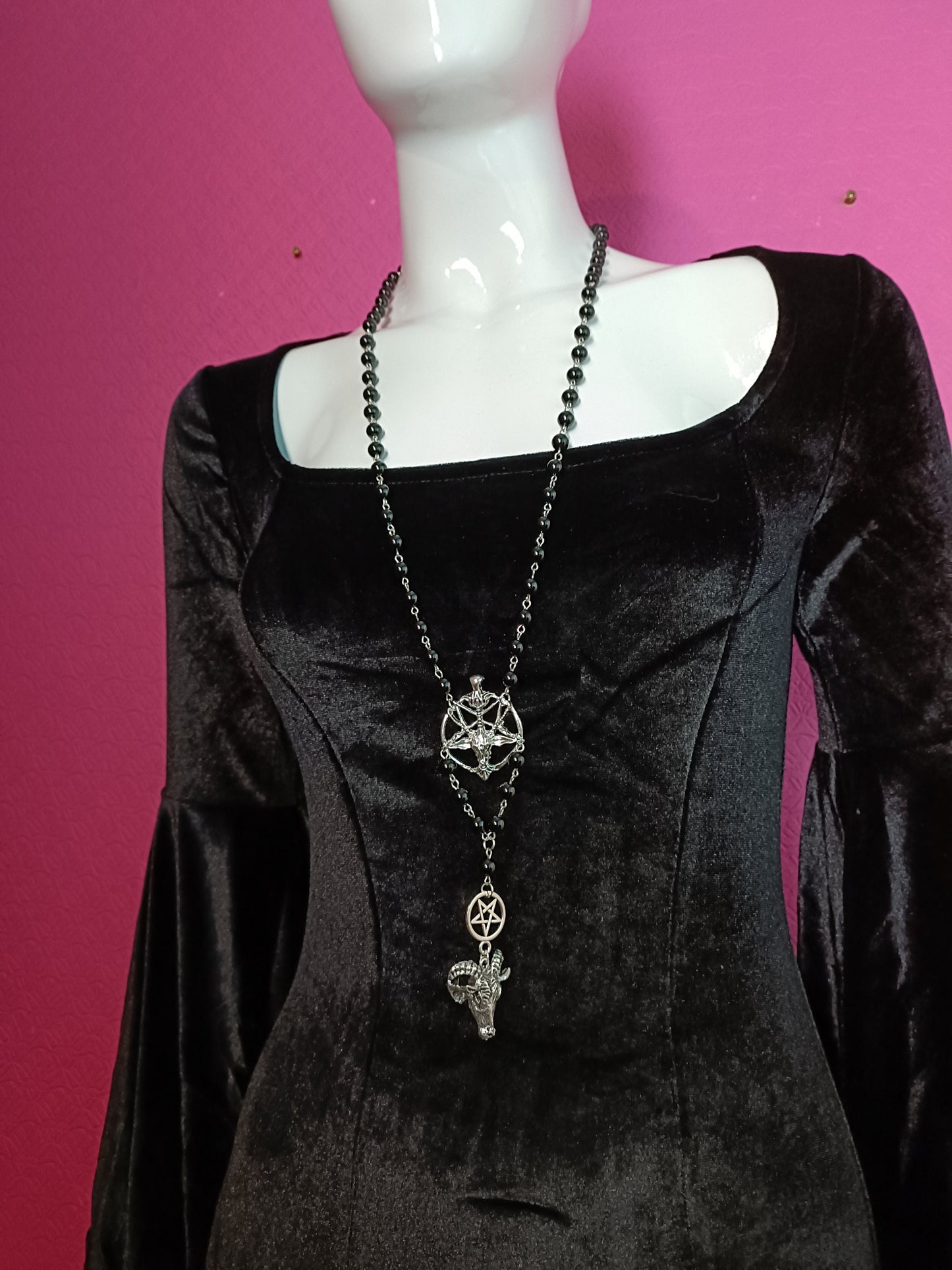 Baphomet rosary- beaded necklace, pentagram, long, gothic, iconic