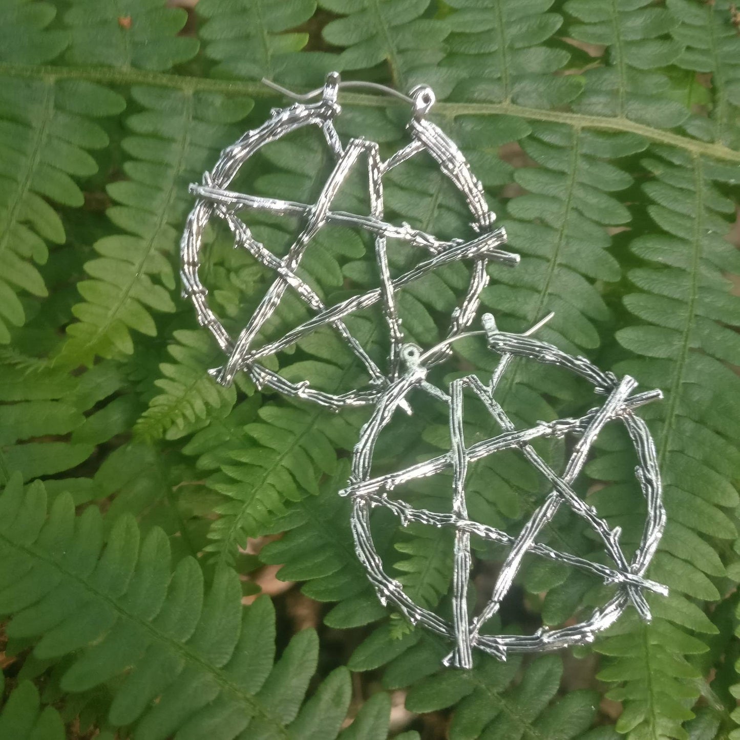 Rustic Pentagram Branch Hoop Earrings/ Nature Goth Pagan Witch Silver