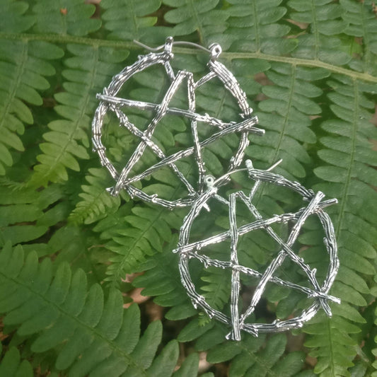 Rustic Pentagram Branch Hoop Earrings/ Nature Goth Pagan Witch Silver