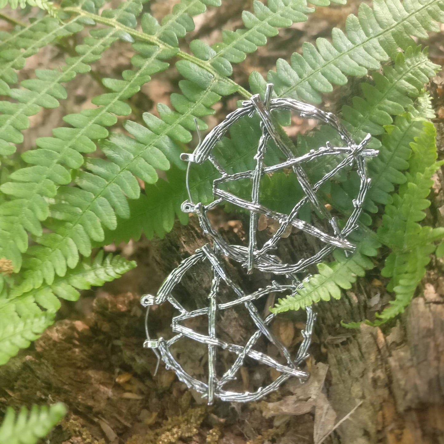 Rustic Pentagram Branch Hoop Earrings/ Nature Goth Pagan Witch Silver