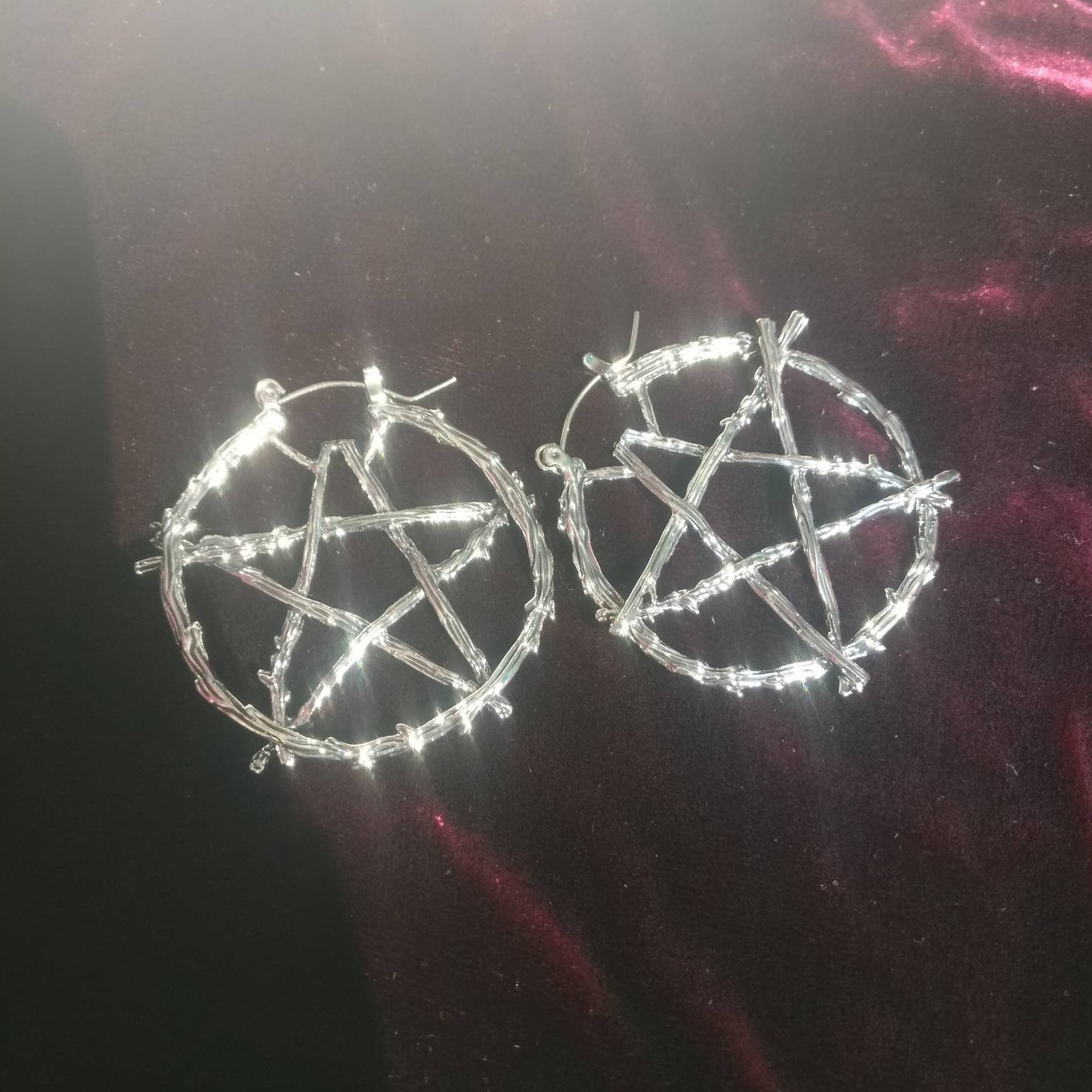 Rustic Pentagram Branch Hoop Earrings/ Nature Goth Pagan Witch Silver
