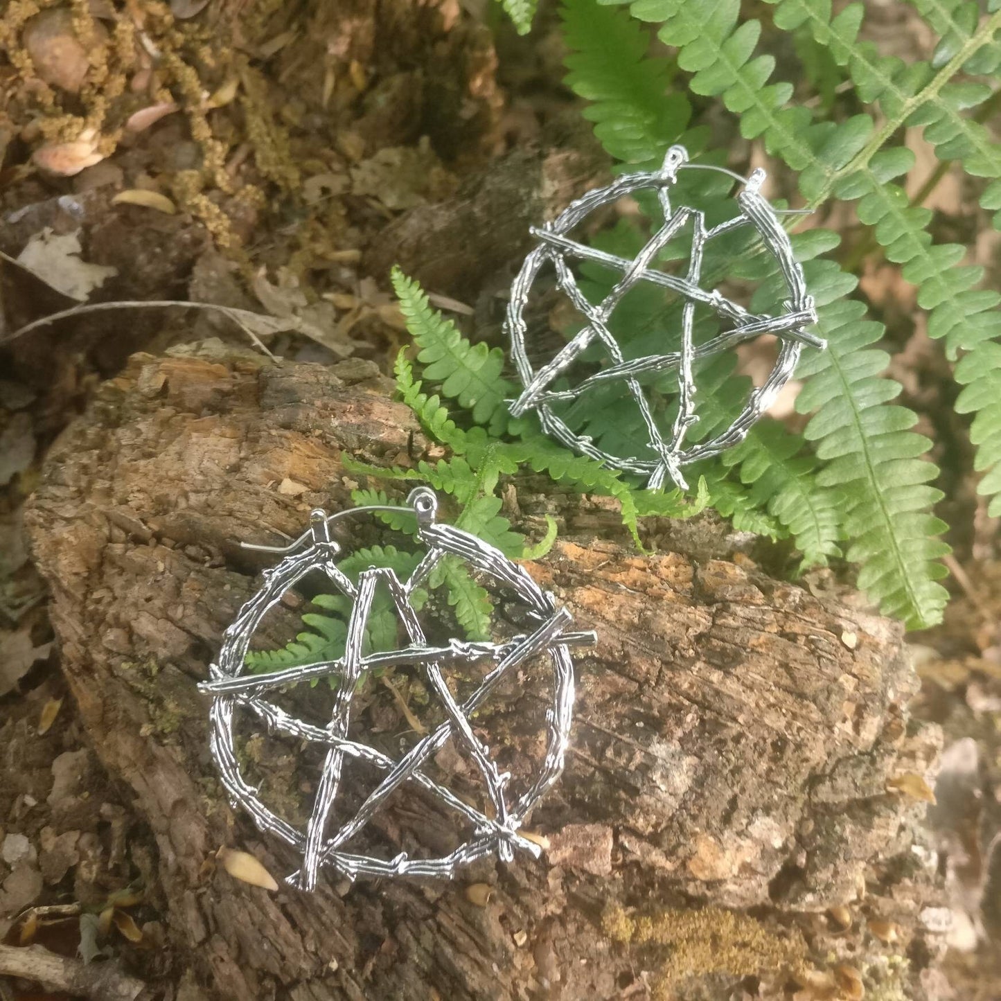 Rustic Pentagram Branch Hoop Earrings/ Nature Goth Pagan Witch Silver