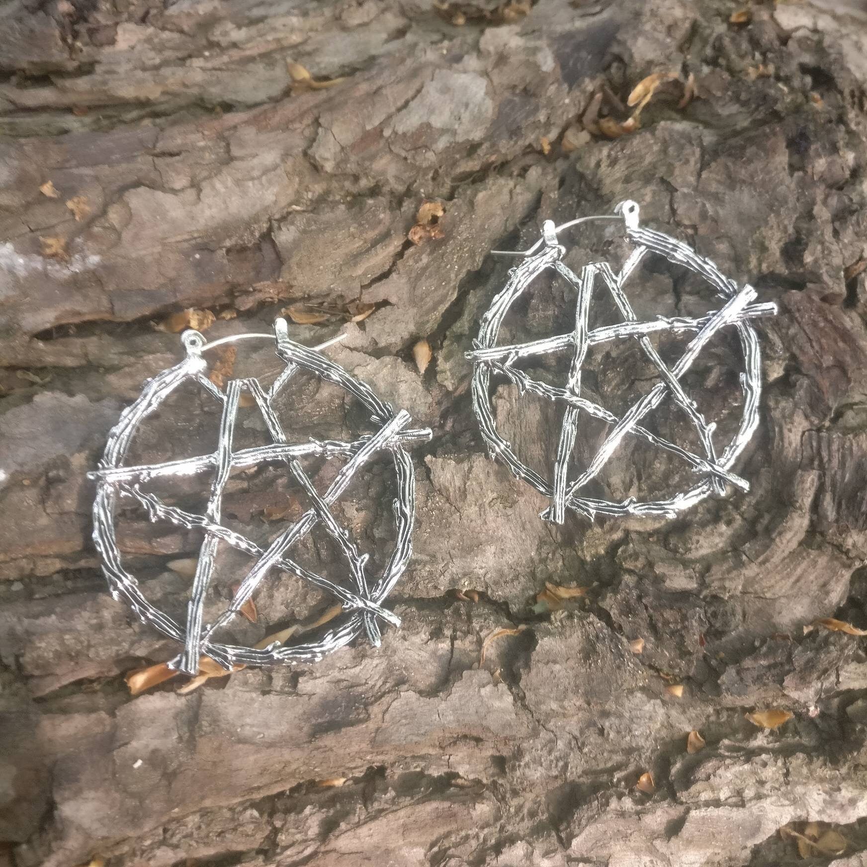 Rustic Pentagram Branch Hoop Earrings/ Nature Goth Pagan Witch Silver