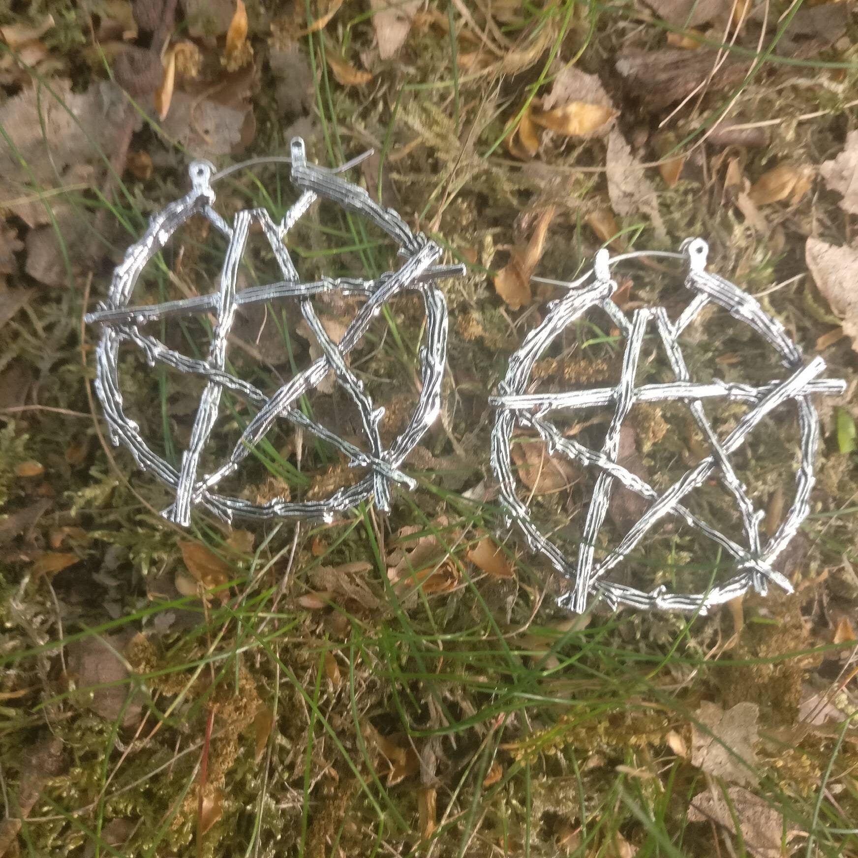 Rustic Pentagram Branch Hoop Earrings/ Nature Goth Pagan Witch Silver