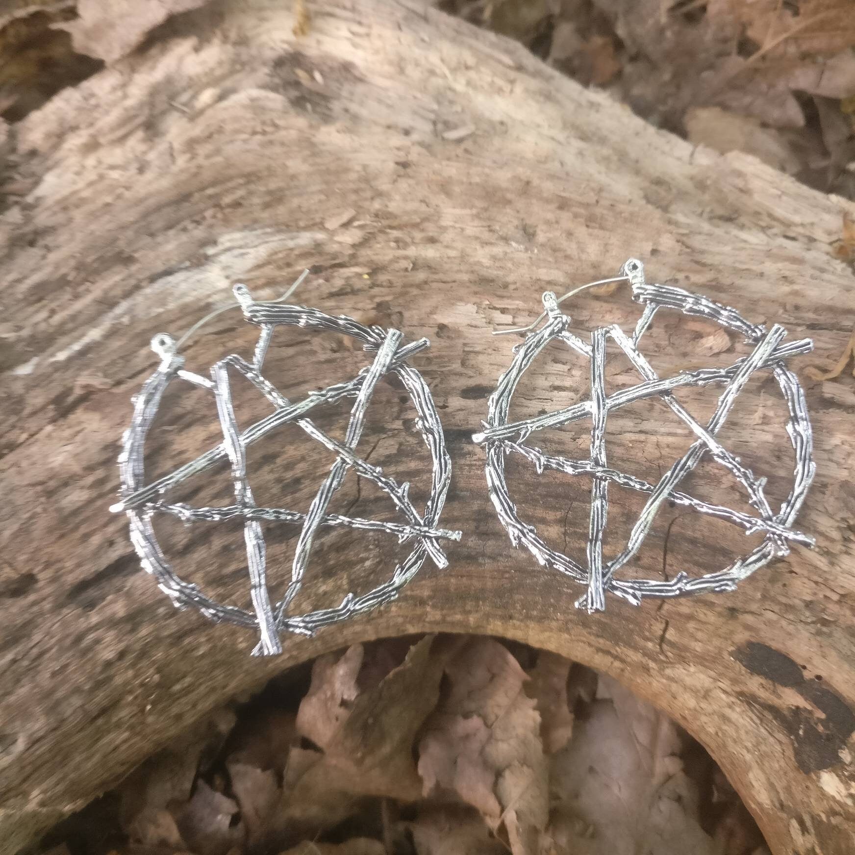 Rustic Pentagram Branch Hoop Earrings/ Nature Goth Pagan Witch Silver
