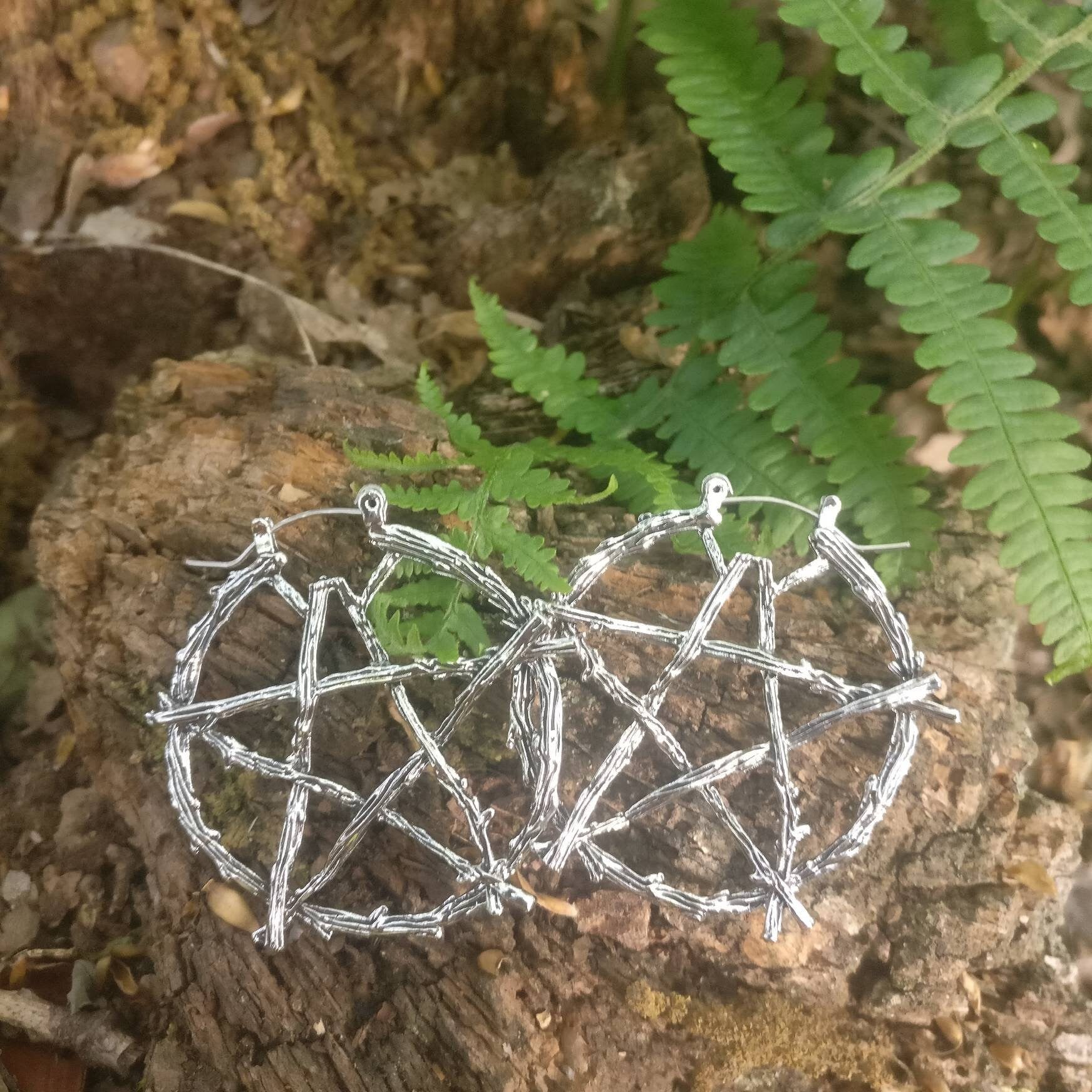 Rustic Pentagram Branch Hoop Earrings/ Nature Goth Pagan Witch Silver
