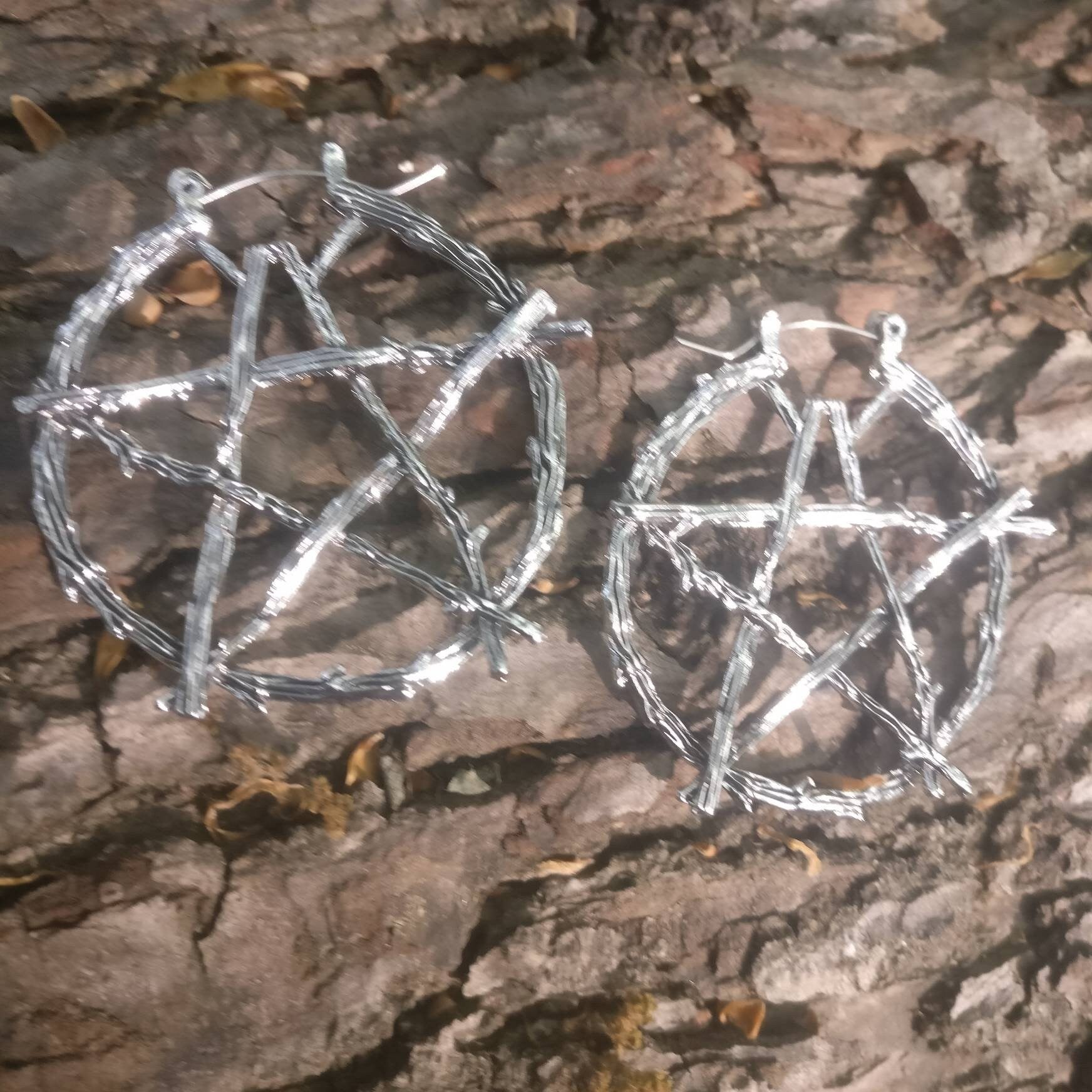 Rustic Pentagram Branch Hoop Earrings/ Nature Goth Pagan Witch Silver