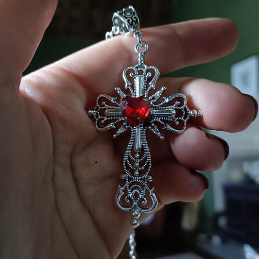 Sacred Heart Crucifix Necklace Red