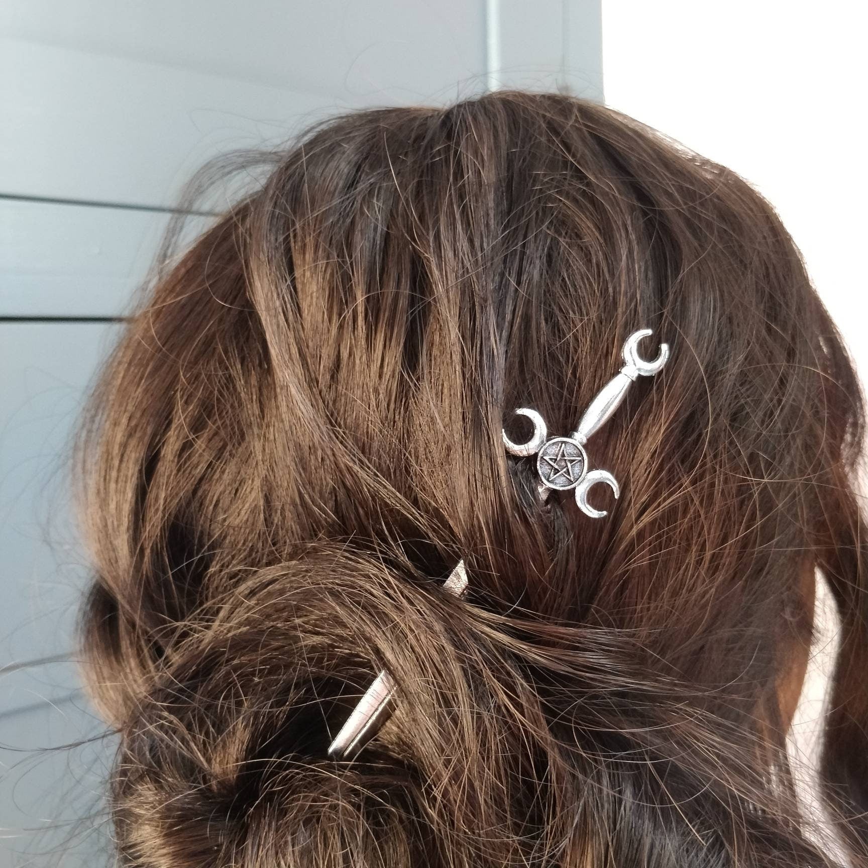 Sword and triple moon / pentacle hair stick- occult pentagram maiden mother crone magick pagan