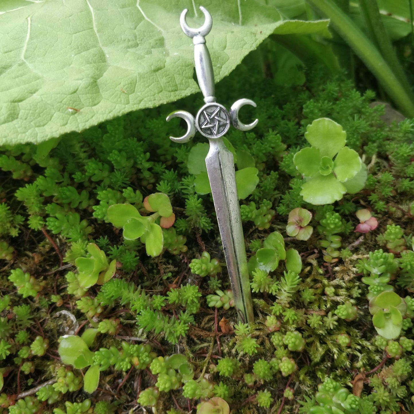 Sword and triple moon / pentacle hair stick- occult pentagram maiden mother crone magick pagan