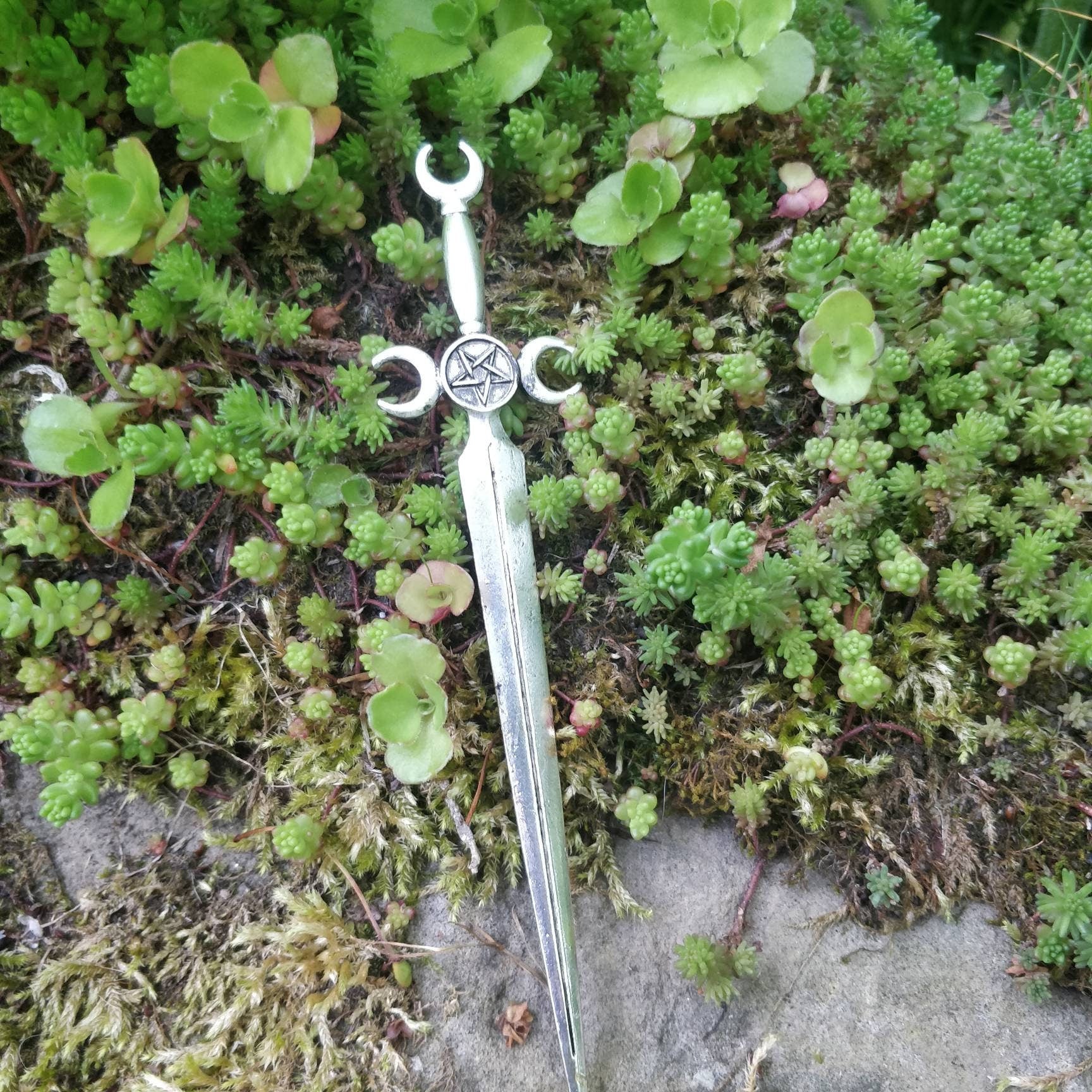 Sword and triple moon / pentacle hair stick- occult pentagram maiden mother crone magick pagan