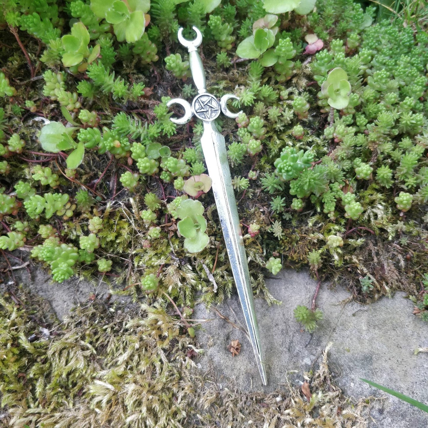 Sword and triple moon / pentacle hair stick- occult pentagram maiden mother crone magick pagan
