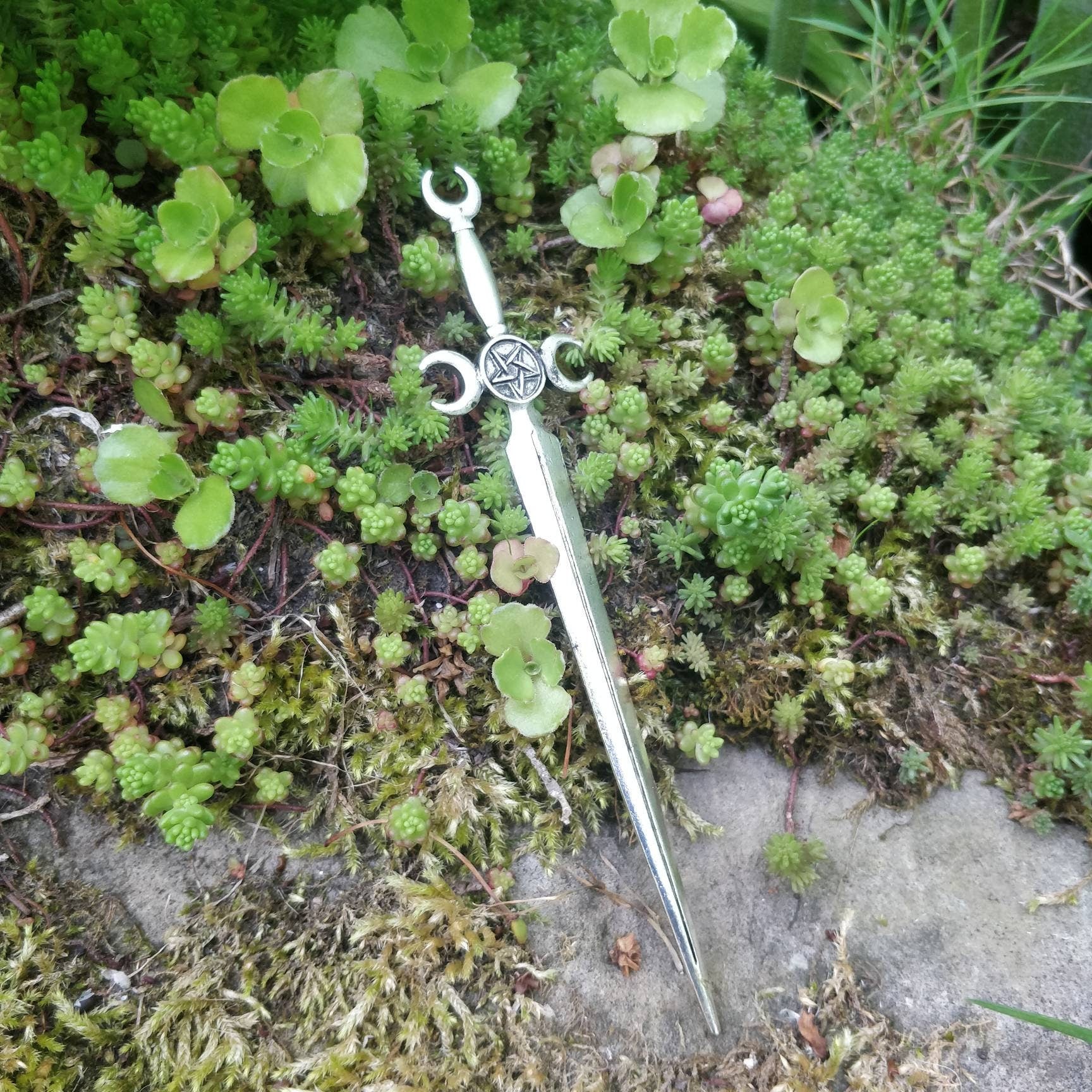 Sword and triple moon / pentacle hair stick- occult pentagram maiden mother crone magick pagan