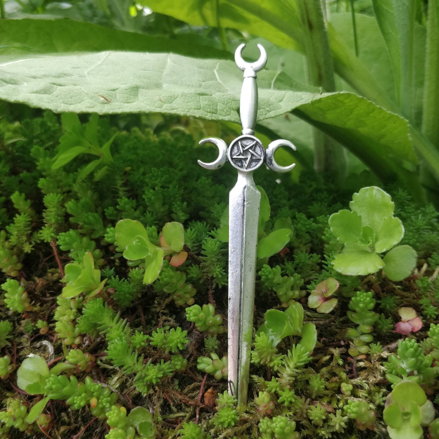 Sword and triple moon / pentacle hair stick- occult pentagram maiden mother crone magick pagan
