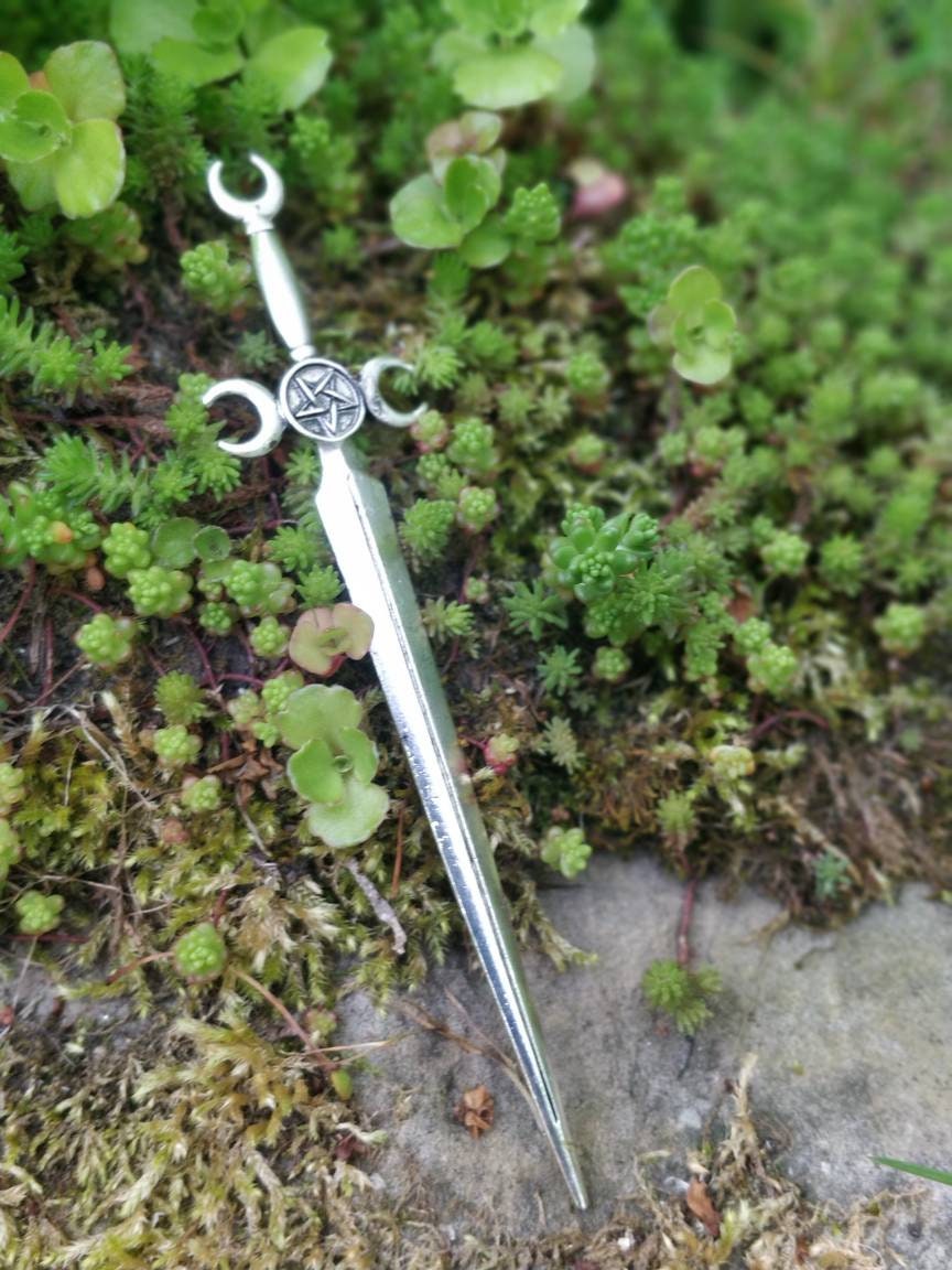 Sword and triple moon / pentacle hair stick- occult pentagram maiden mother crone magick pagan