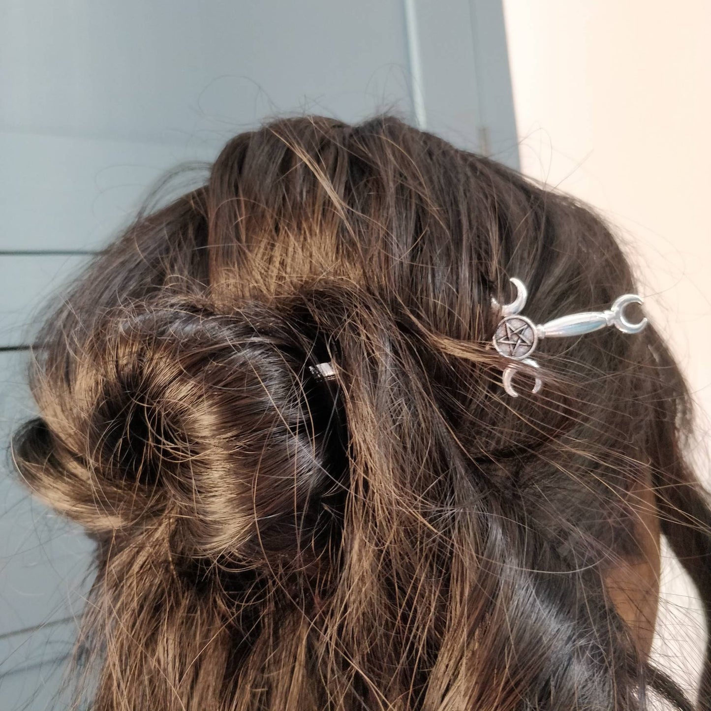 Sword and triple moon / pentacle hair stick- occult pentagram maiden mother crone magick pagan