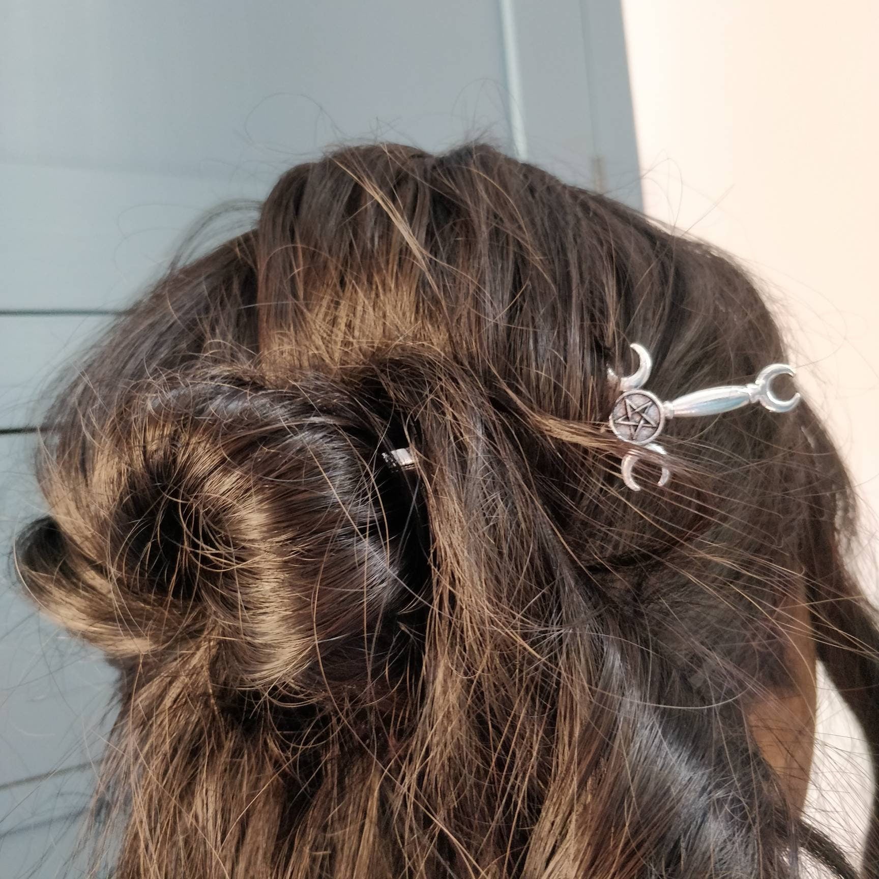 Sword and triple moon / pentacle hair stick- occult pentagram maiden mother crone magick pagan