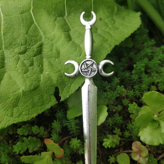 Sword and triple moon / pentacle hair stick- occult pentagram maiden mother crone magick pagan