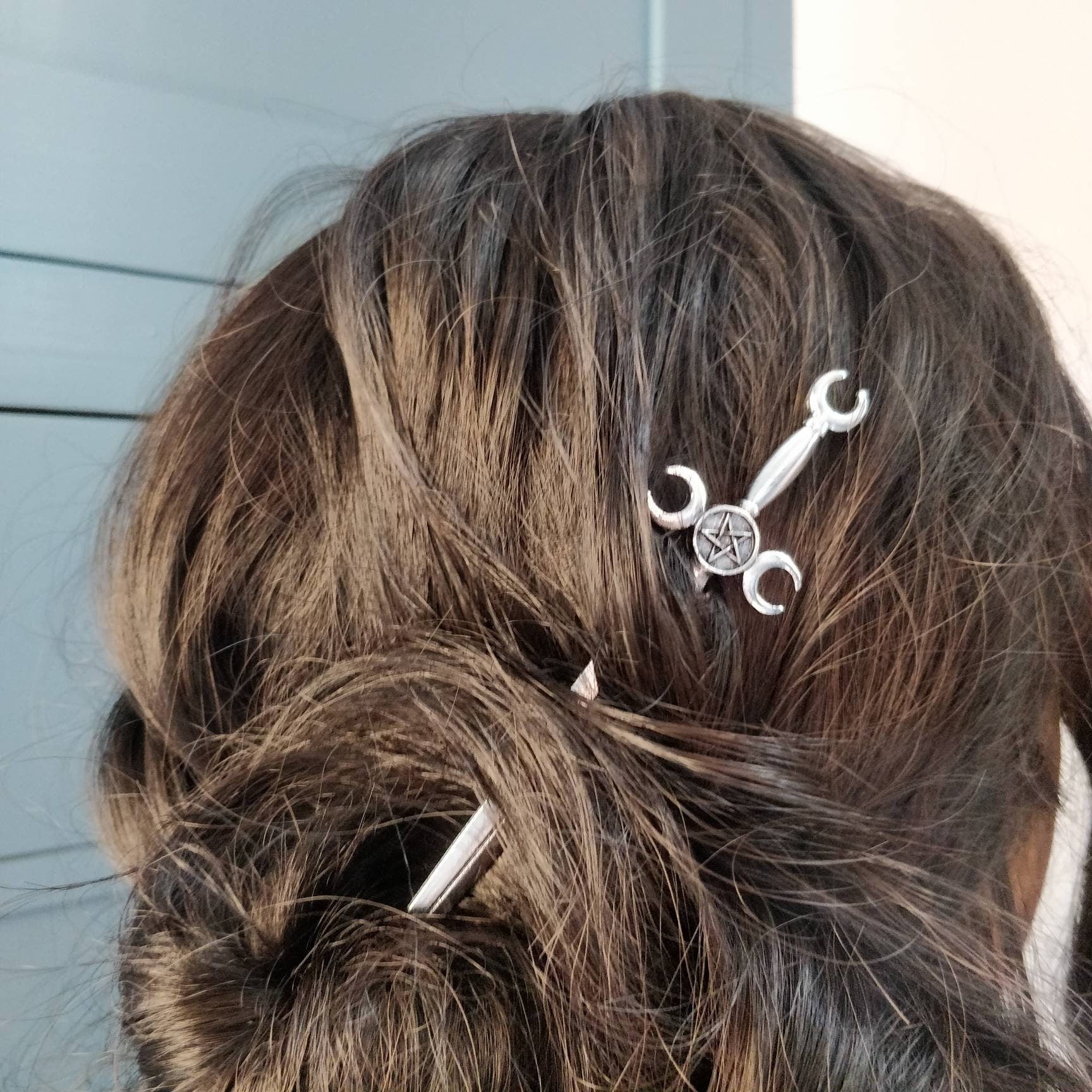 Sword and triple moon / pentacle hair stick- occult pentagram maiden mother crone magick pagan