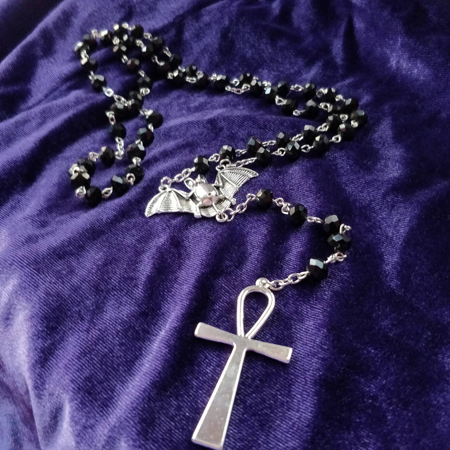 Vamp Rosary- Chunky Ankh, Faceted Beads
