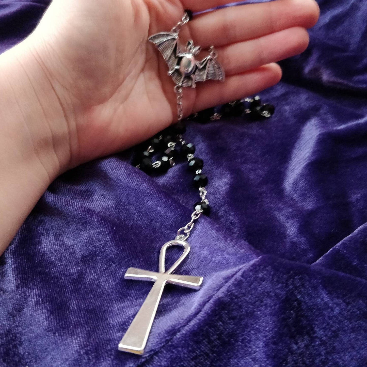 Vamp Rosary- Chunky Ankh, Faceted Beads