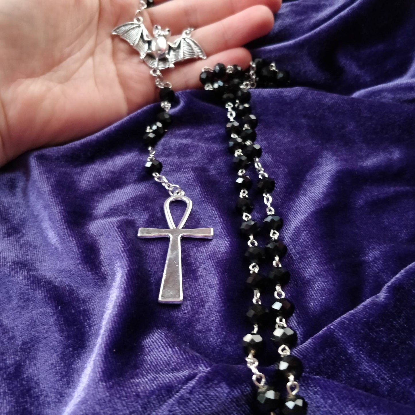 Vamp Rosary- Chunky Ankh, Faceted Beads