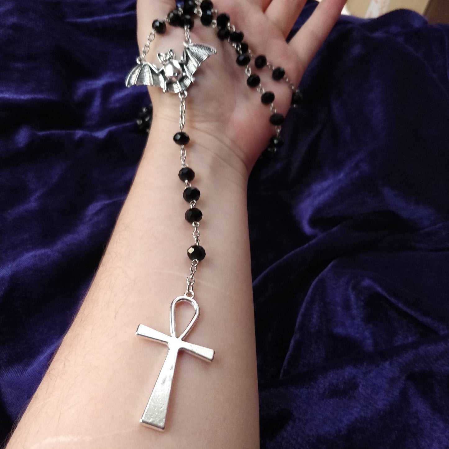 Vamp Rosary- Chunky Ankh, Faceted Beads