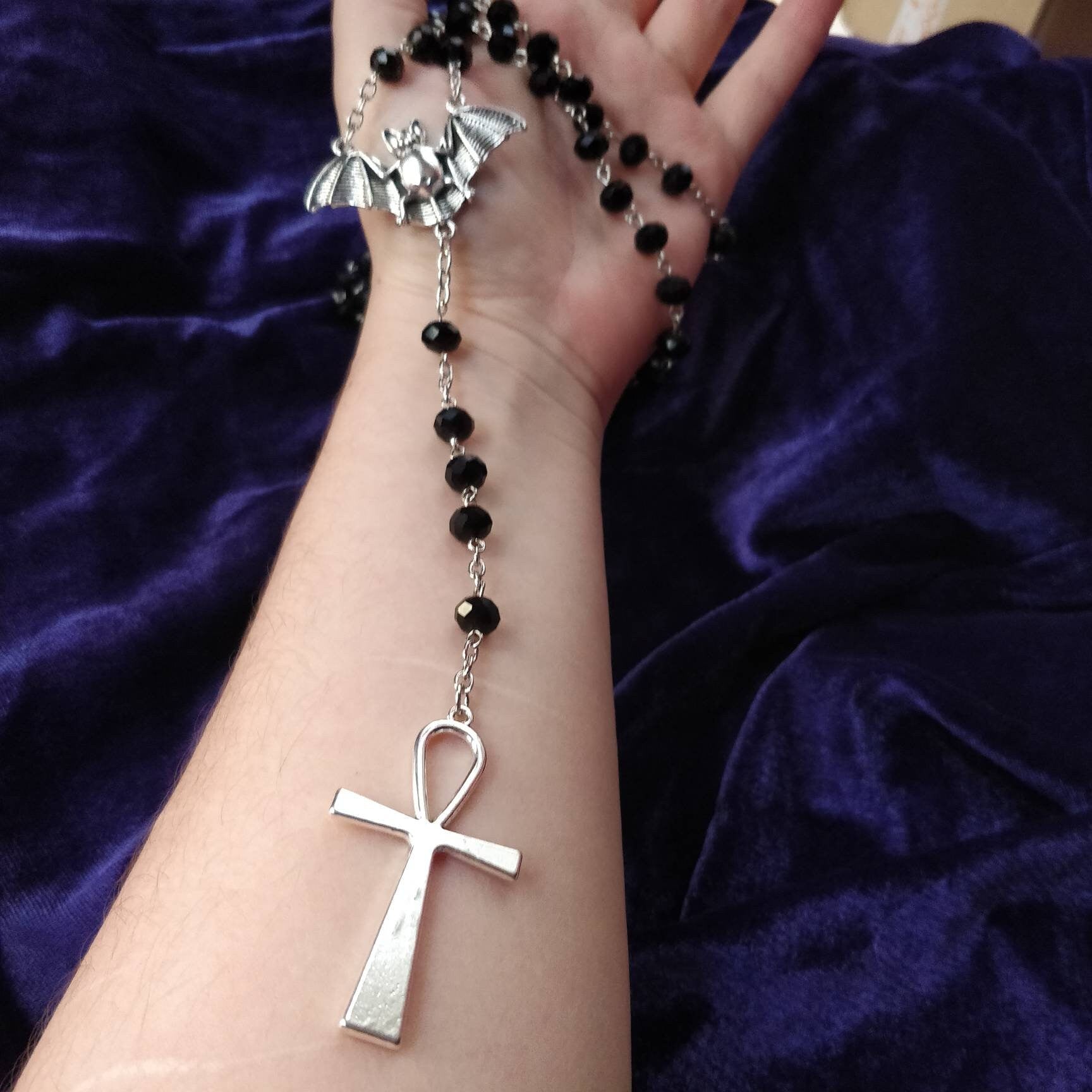 Vamp Rosary- Chunky Ankh, Faceted Beads