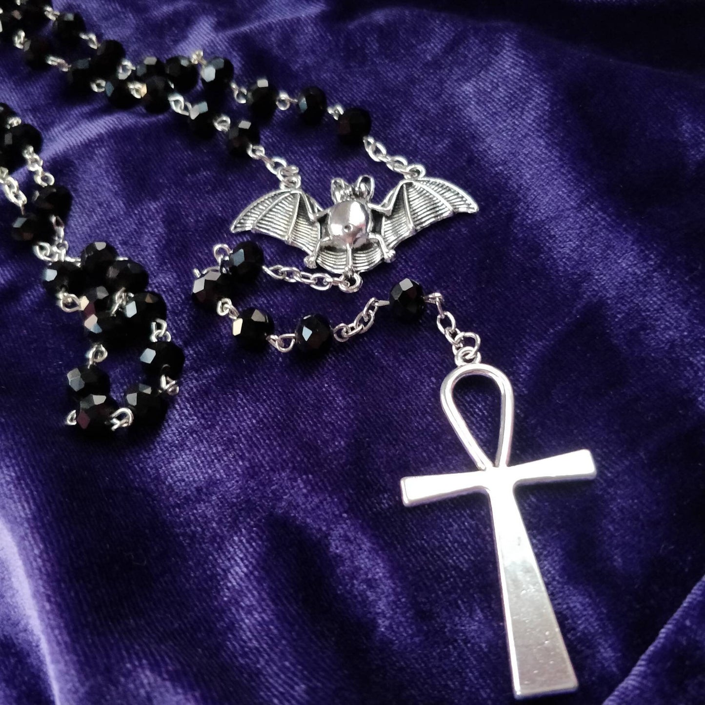 Vamp Rosary- Chunky Ankh, Faceted Beads