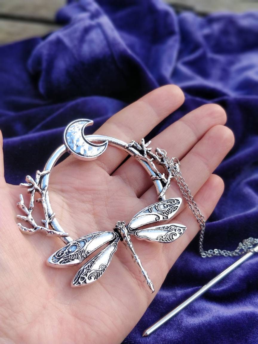 Whimsigoth Dragonfly and Moon Hair Stick