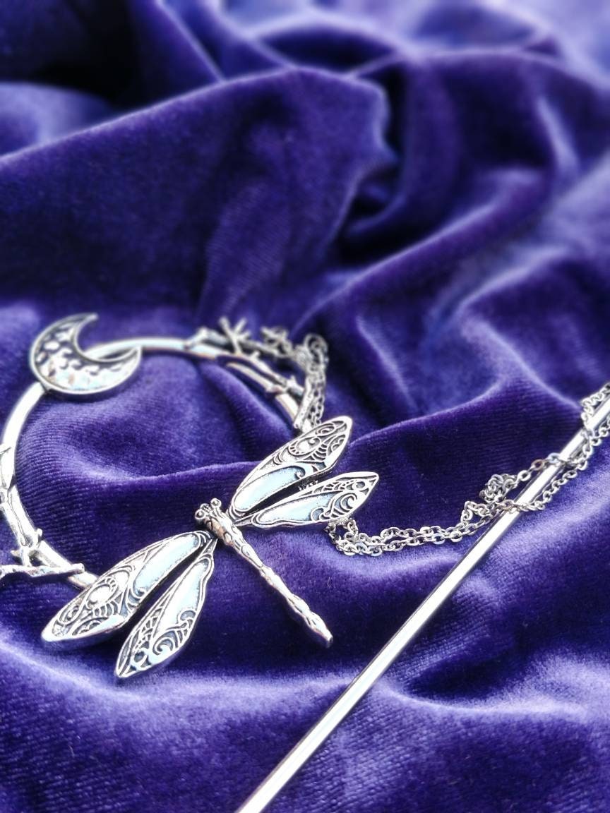 Whimsigoth Dragonfly and Moon Hair Stick