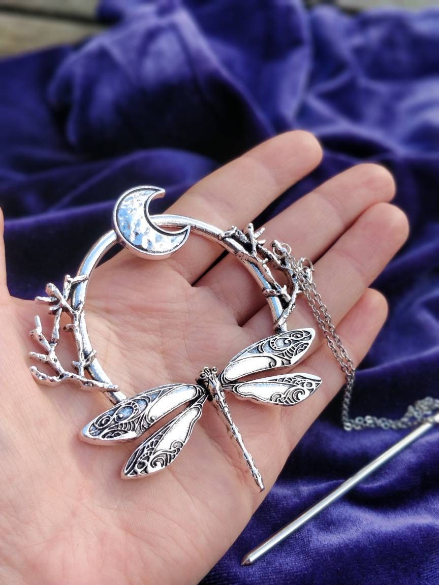 Whimsigoth Dragonfly and Moon Hair Stick