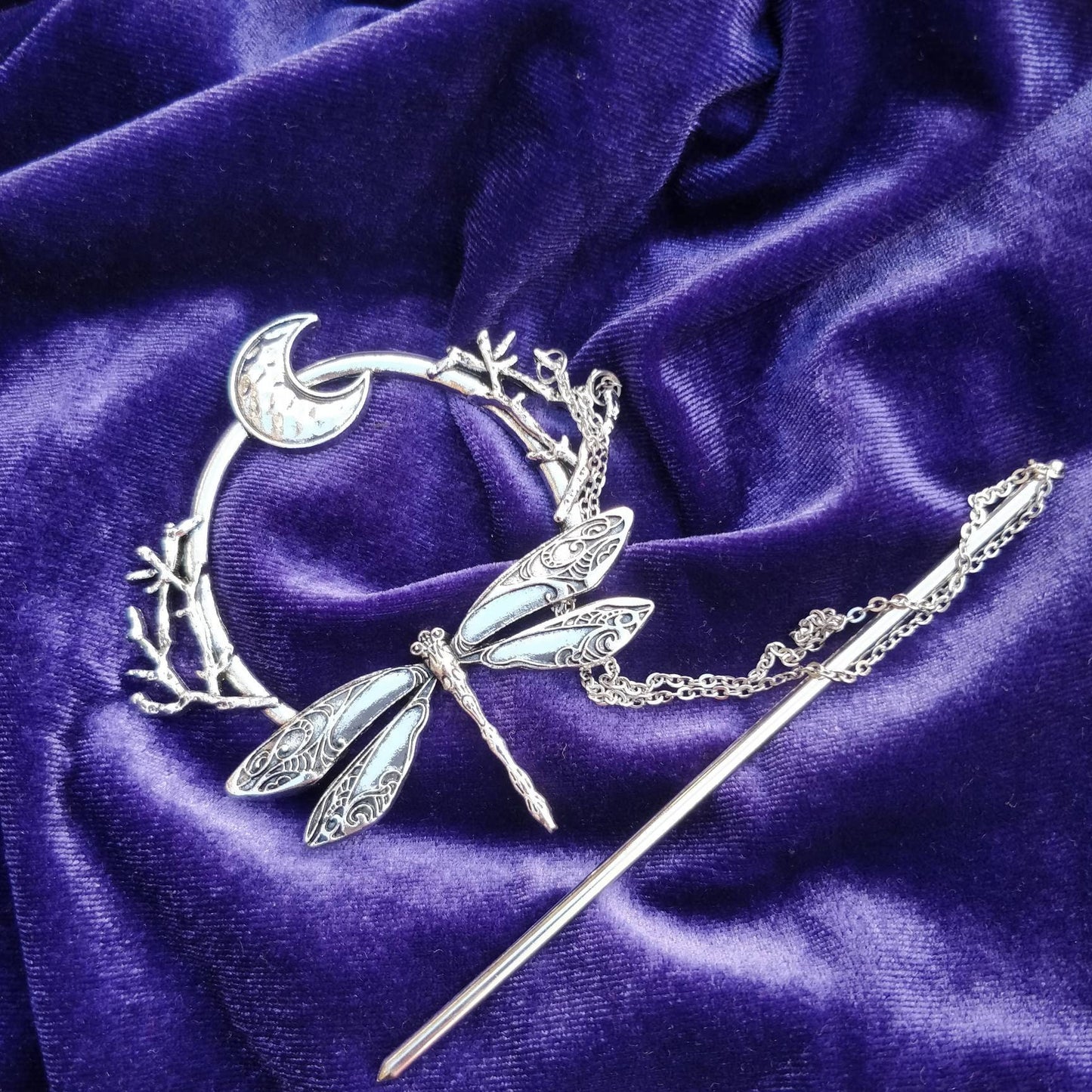 Whimsigoth Dragonfly and Moon Hair Stick