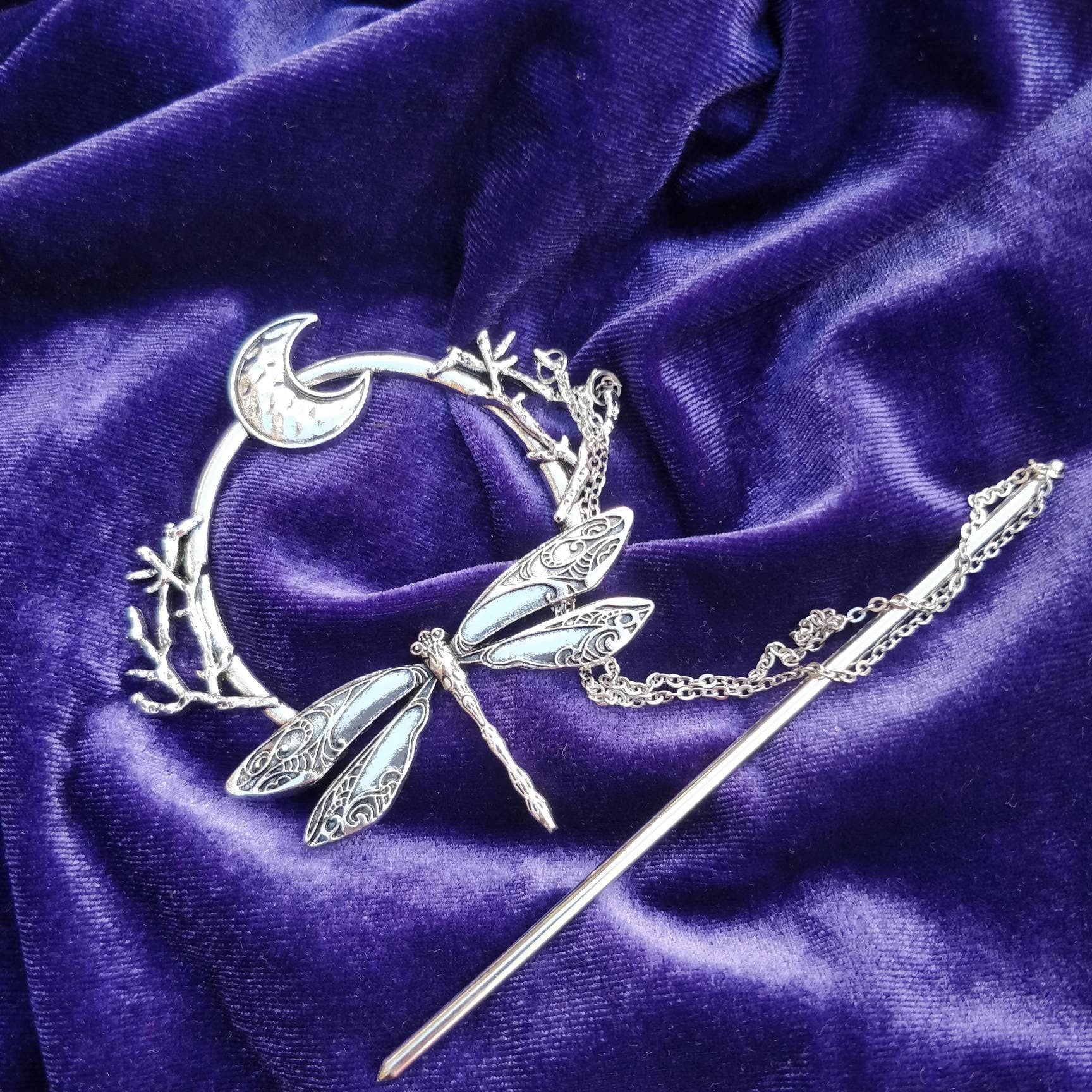 Whimsigoth Dragonfly and Moon Hair Stick