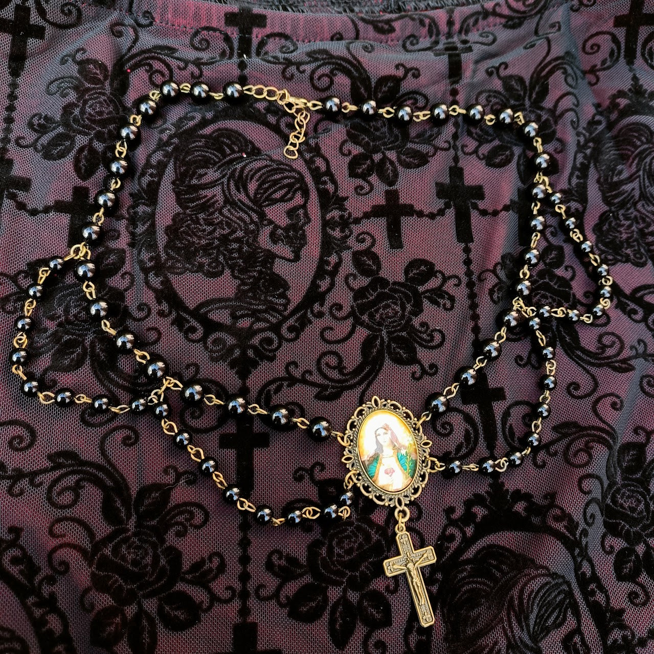 Virgin Mary Layered Choker in Black/ Bronze